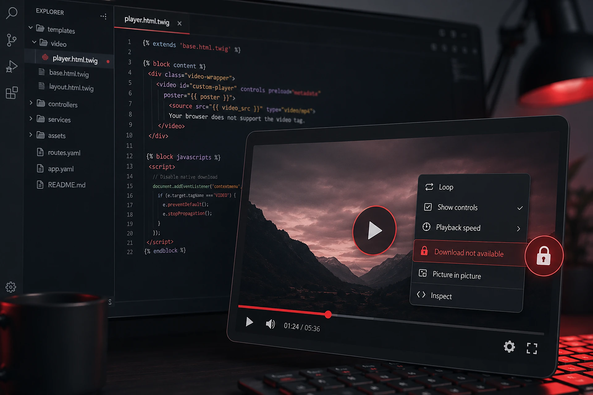 Video-Player mit geöffnetem Kontextmenü, in dem der Download gesperrt ist, daneben das Template-Snippet