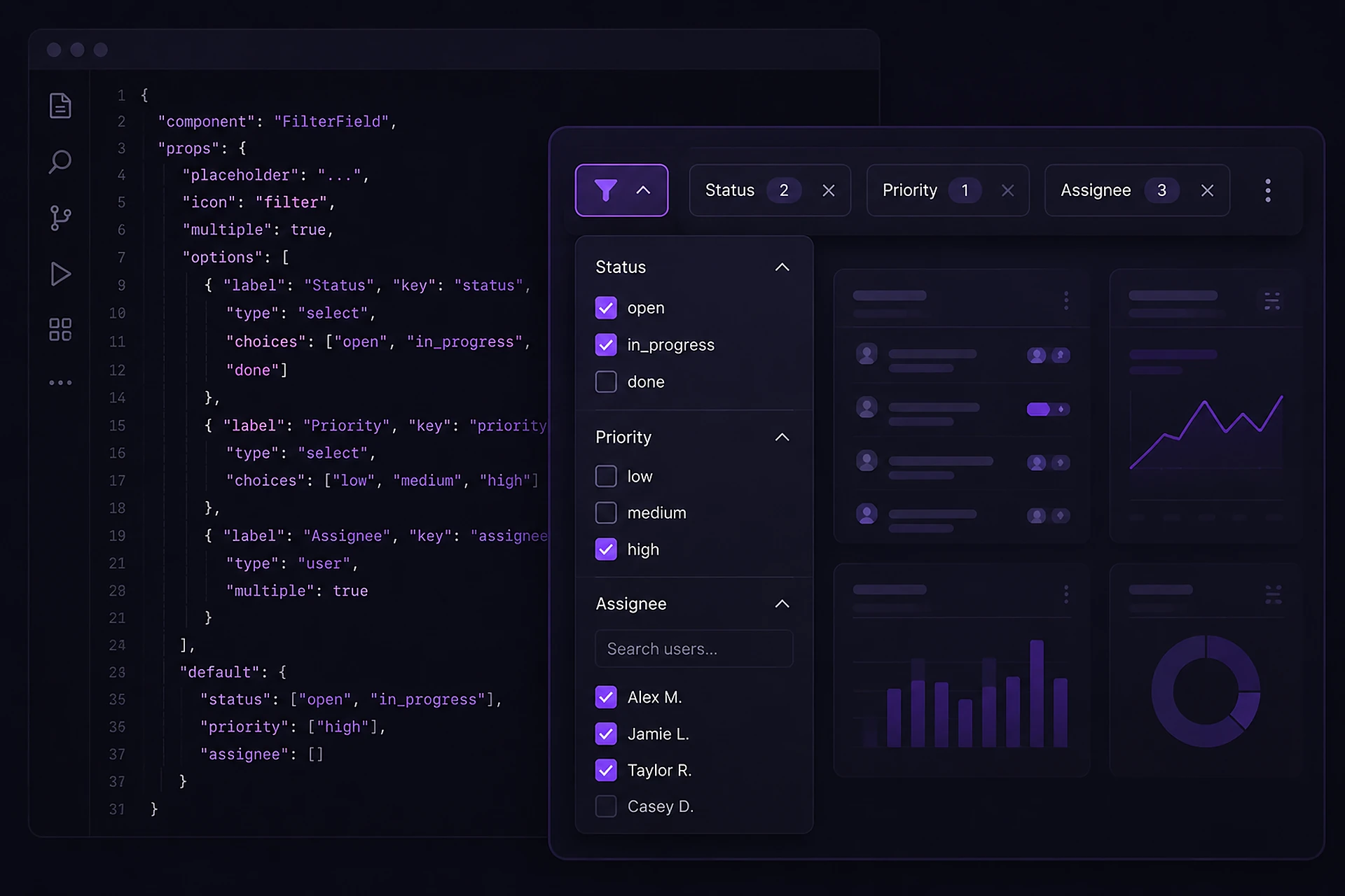 Editor mit Konfiguration eines Filterfelds, daneben Filter-Panel mit Chips, Dropdown und Ergebniskarten