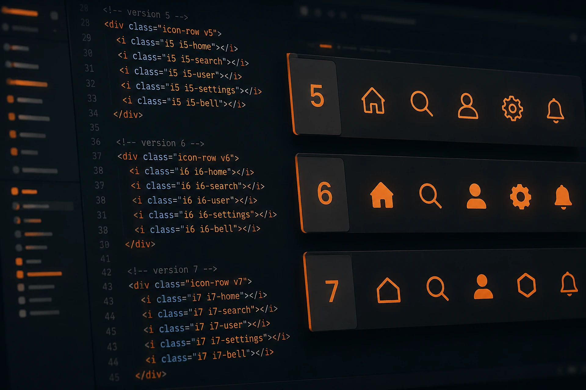 Code-Editor mit mehreren Icon-Einbindungen, daneben drei Icon-Leisten der Versionen 5, 6 und 7