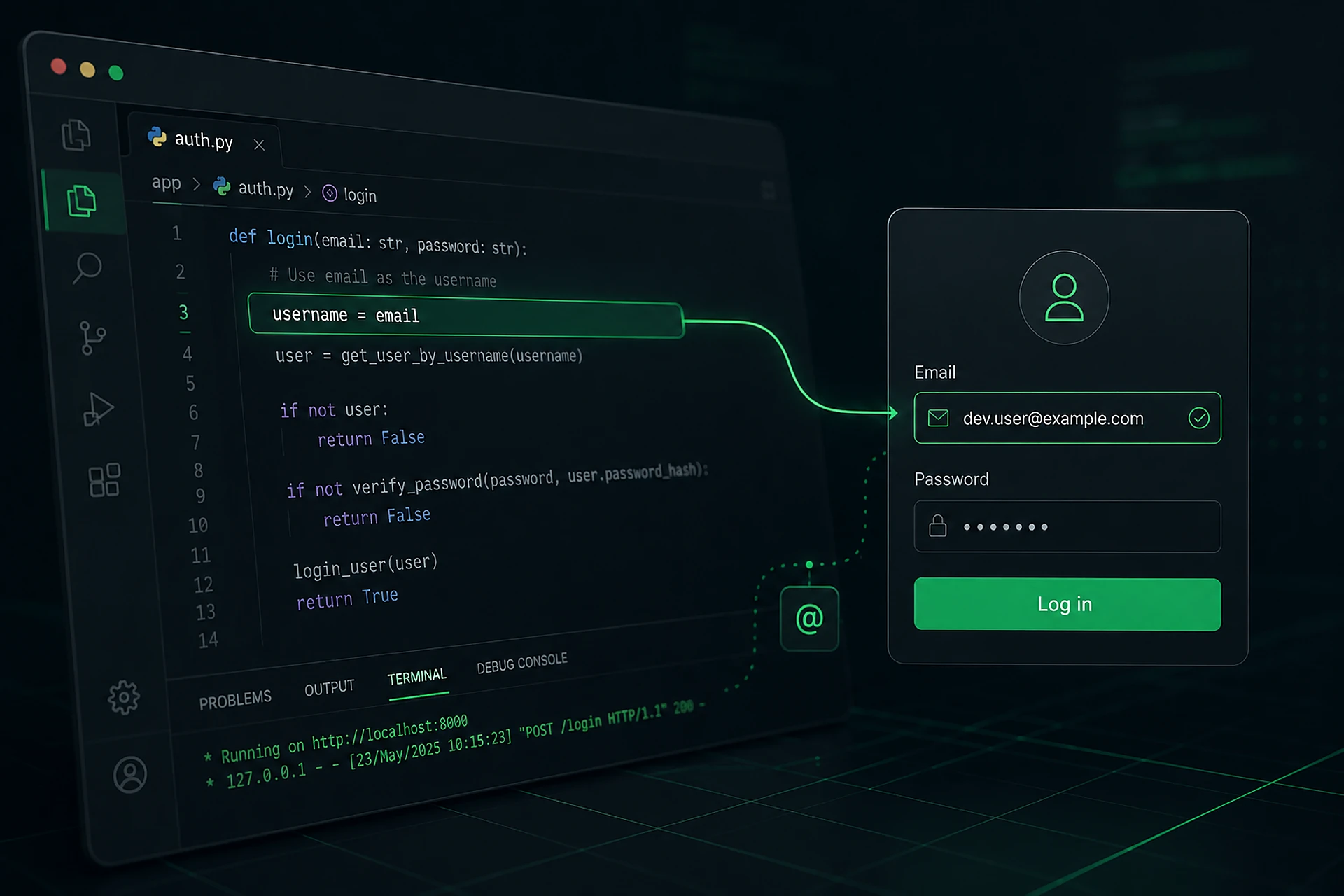 Dunkler Code-Editor mit Login-Snippet, das die E-Mail-Adresse als Benutzernamen setzt, daneben eine Login-Maske mit E-Mail-Feld