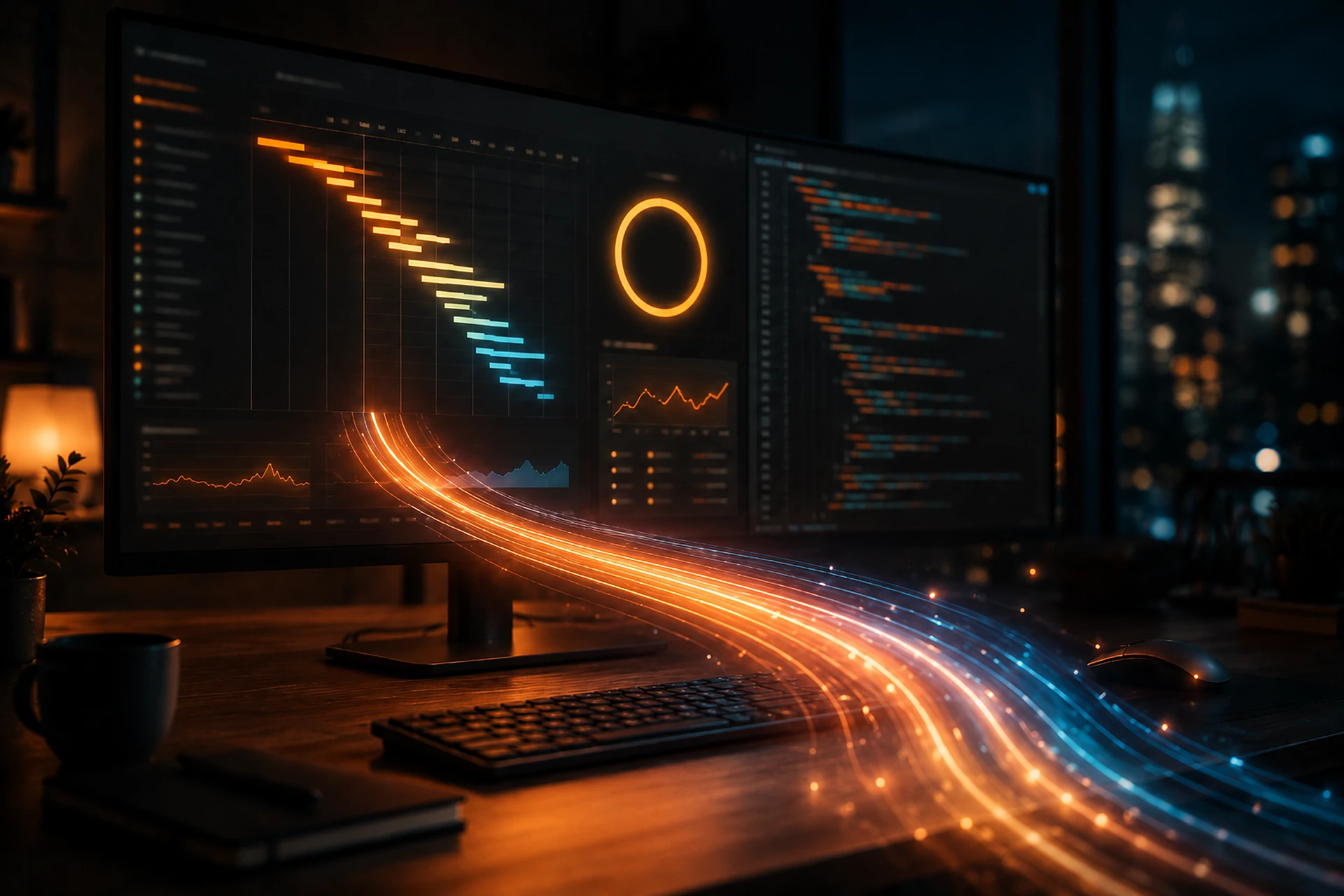 Entwickler-Arbeitsplatz bei Nacht: Monitor mit Ladezeit-Wasserfall und Score-Ring, davor eine leuchtende Lichtspur als Sinnbild für schnelle Websites.