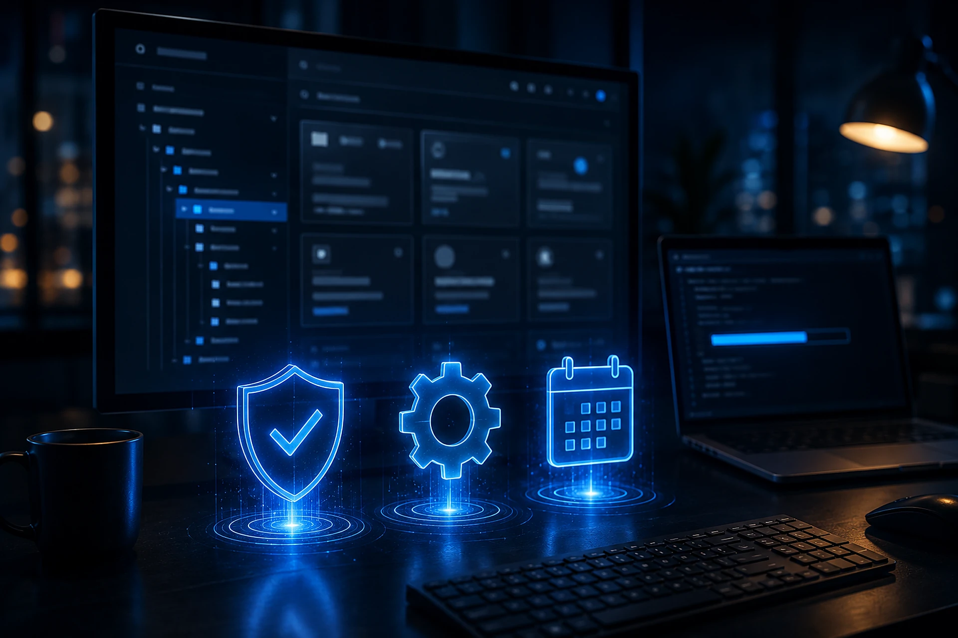 Entwickler-Arbeitsplatz mit CMS-Backend und Terminal; schwebende Symbole für Schutzschild, Zahnrad und Kalender stehen für Sicherheit, Wartung und Langzeit-Support.