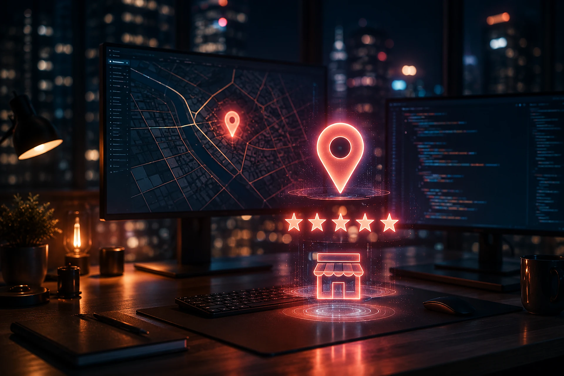 Arbeitsplatz bei Nacht mit Kartenansicht einer Stadt, leuchtendem Standort-Pin, Bewertungssternen und Schaufenster-Symbol als Sinnbild für lokale Sichtbarkeit.