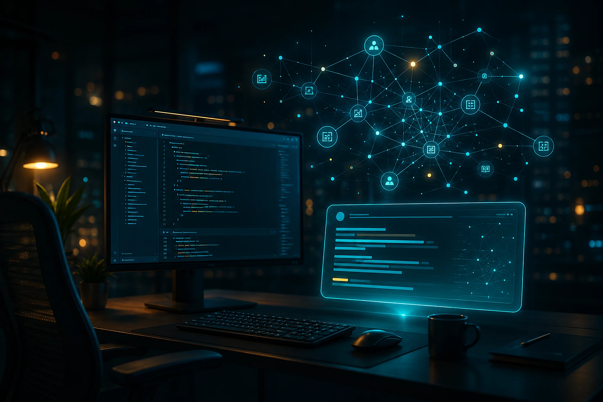 Arbeitsplatz mit Code-Editor und strukturiertem Datenblock; darüber ein leuchtendes Netz verbundener Knotenpunkte als Sinnbild für maschinenlesbare Inhalte.