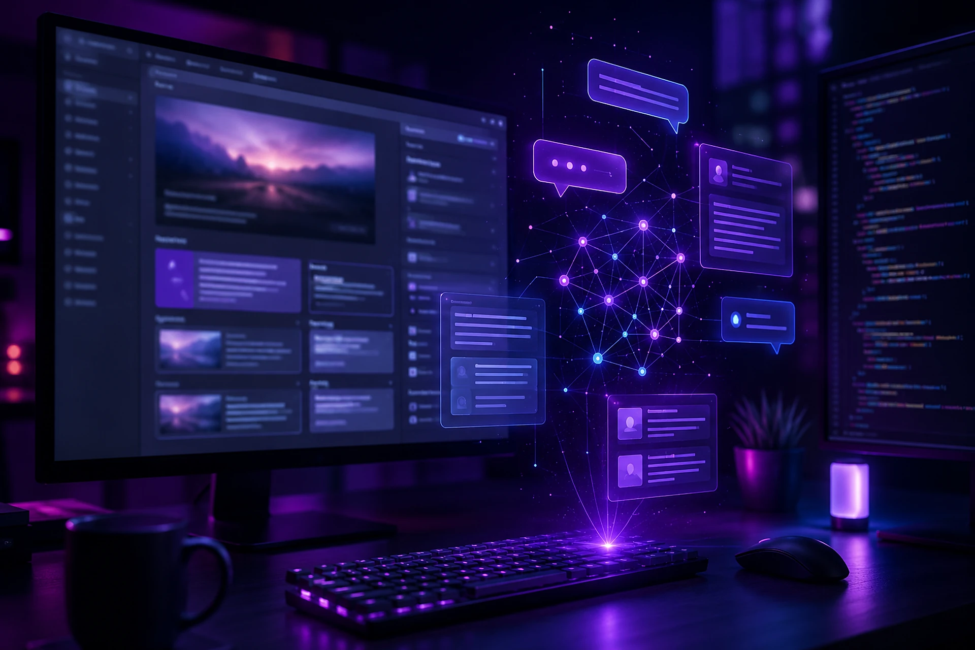 Arbeitsplatz mit CMS-Redaktionsfenster und Code-Editor; davor ein holografischer KI-Assistent mit Chat-Blasen und neuronalem Netz in Violett und Cyan.
