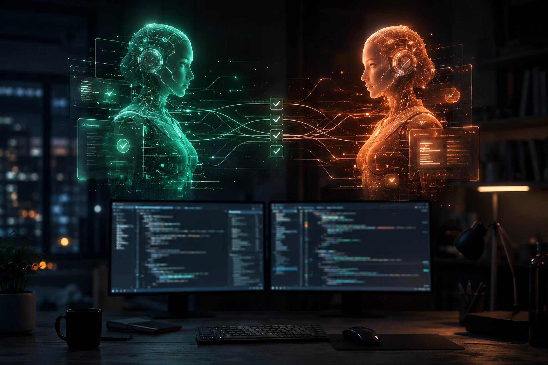 Zwei holografische KI-Figuren in Grün und Orange über einem Entwickler-Arbeitsplatz, verbunden durch leuchtende Linien mit Häkchen-Symbolen.