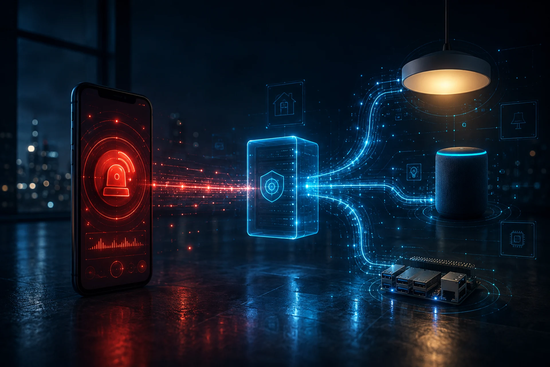 Smartphone mit rotem Alarmsignal, das über ein Gateway an Smart-Speaker, Deckenlampe und Einplatinencomputer verteilt wird