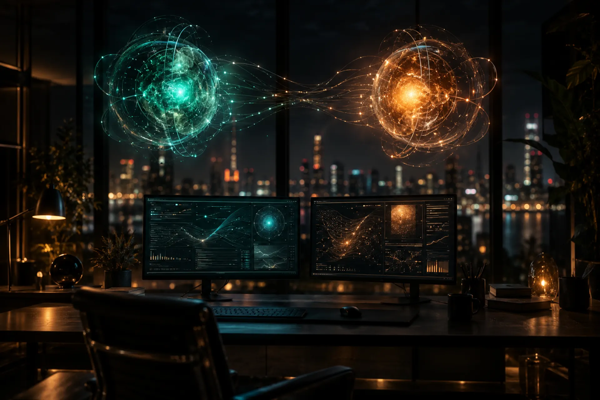 Zwei leuchtende holografische Energiekerne über einem Schreibtisch mit zwei Monitoren in einem dunklen Büro