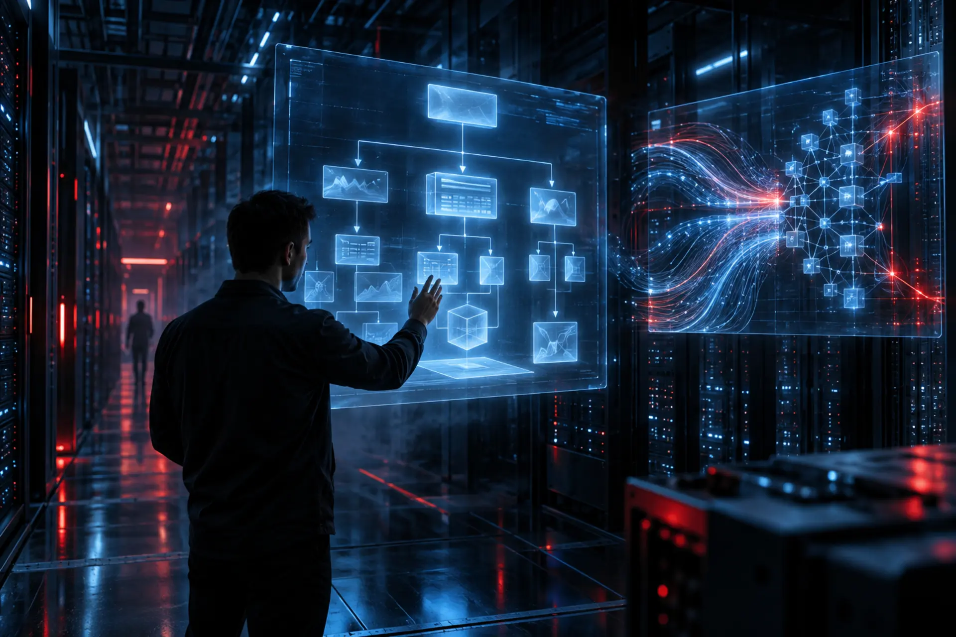 Holografische Darstellung einer Website-Struktur in einem Rechenzentrum